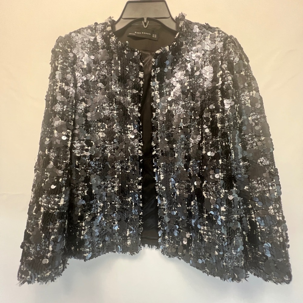 Zara Woman Sequin Jacket XS Black Silver Tweed Open Front Cropped Blazer Evening